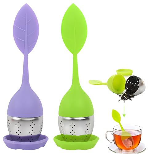 2 Stück Silikon Teeei, Teesieb, Teesieb aus Rostfreiem Edelstahl und Lebensmittel Silikon, Hübsches Teeei mit dem Auffangbehälter für Lose Tee (Lila + Grün)