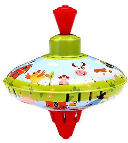 Herbests Brummkreisel 14 cm, Metall Kreisel, Schwungkreisel aus Blech, klassischer Pumpkreisel mit Auto Motiv, Blechkreisel mit Spitze, Spielzeugkreisel für Kinder ab 18 Monate