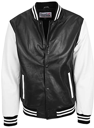 Giacca bomber da uomo in vera pelle Varsity College Boy Garry nero bianco, Nero e bianco, S