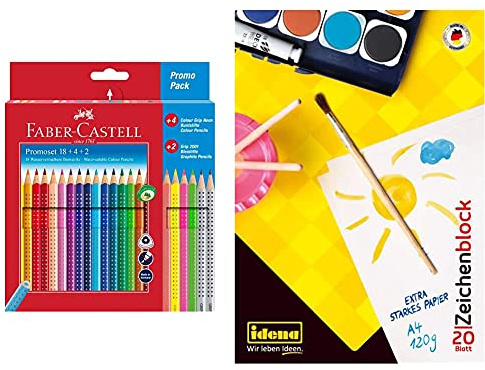 Faber-Castell 201540 - Promotionset Colour Grip 18+4+2 + Idena 10387 - Zeichenblock, DIN A4, 20 Blatt, 120 g/m², 1 Stück