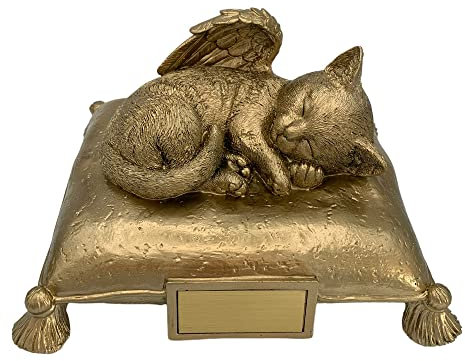 Monello Katzenurne Katze auf Kissen bis ca. 15 kg Tiergewicht individuelle Gravur auf Wunsch Katzenurne für Zuhause (Gold)