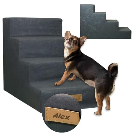 Petsen Sofatreppe für Hunde und Katzen – Hundetreppe für Bett & Sofa – 3- oder 4-stufig, rutschfest & waschbar – mit Hundename (Dunkelgrau, 4-stufige)