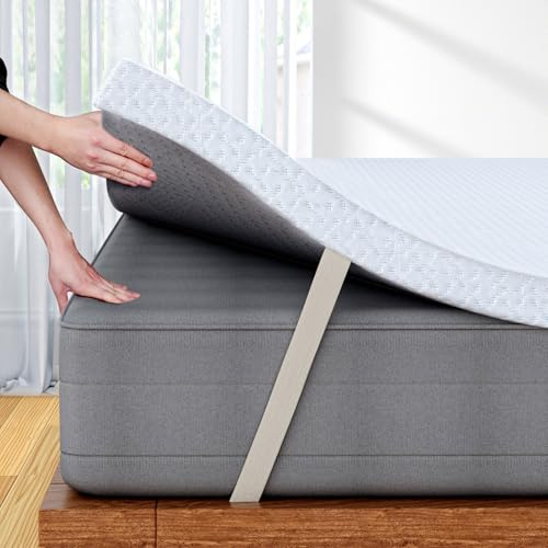 FRIDEKO King Memory Foam Mattress Topper, Mattress Topper Kingsize with High-Density Foam, Washable & Removable Zipped Cover, Elasticized Corner Straps for Back Pain Relief (150x200x7cm)