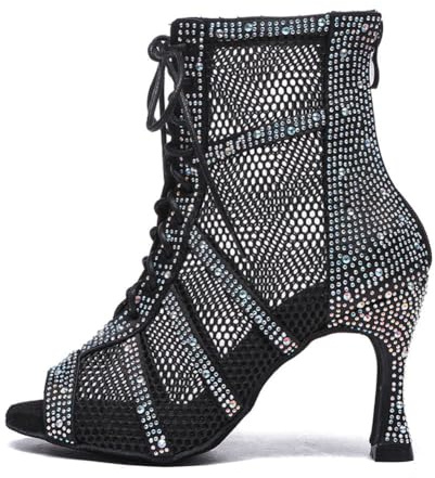 AOQUNFS Latin damstövlar högklackade strass salsa tango bachata balsal övning och prestanda dansstövlar, YC-L446-DZ, Svart 8 5 cm häl mocka sula, 39 EU