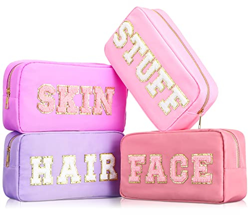 Cunno 4 Pcs Preppy Makeup Bags Chenille Letter Stuff Bag Nylon Cosmetic Pouch Cases with Zipper for Women Travel Toiletry(Mixed Colors,Vivid)