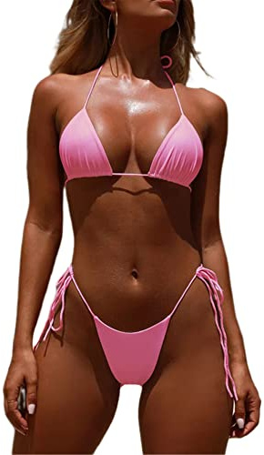 Women Sexy Brazilian Bikini Set 2 Piece Spaghetti Strap Halterneck Bra Top Tie Side Thong Swimwear Bathing Suit