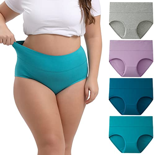INNERSY Women's Plus Size XL-6XL Cotton Underwear High Waisted Briefs Panties 4-Pack(Mint Sky,3X-Large)