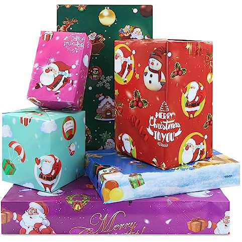 Weihnachts-Geschenkpapier, Geschenkpapier mit Schleife, Weihnachtsmann, Schneemann, Weihnachtsbaum, Schneeflocke, Frohe Weihnachten, Geschenkpapier für Familie Freunde Kinderliebhaber Weihnachtsferien