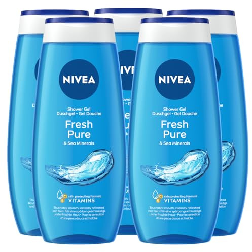 NIVEA Duschgel Fresh Pure erfrischender Körperreiniger regenerierender Duft sanfte Formel mit feuchtigkeitsspendender Wirkung mit Meeresmineralien - 5 Flaschen à 250 ml