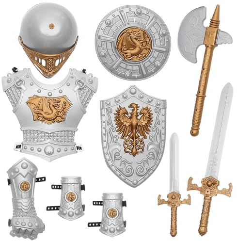 Kisangel Ritterkostüm Set 10-teilig: Mittelalter-Ausrüstung mit Helm & Schild für Kinder (4-12 Jahre) Halloween Karneval Rollenspiele