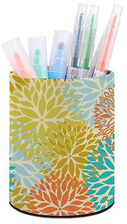Porte-crayon rond pour bureau, porte-stylo chrysanthème Dahlia bleu orange, organisateur de stylos, organisateur de maquillage, boîte de rangement pour la maison, le bureau, l'enseignant, cuir