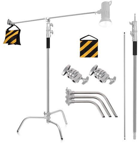 C Ständer aus Edelstahl mit Galgenarm, AQIRUI 285 cm verstellbares C Ständer Lichtständer mit 107 cm Haltearm, 2 Griffköpfen und Balance-Sanbag für Produktporträt-Videofotografie