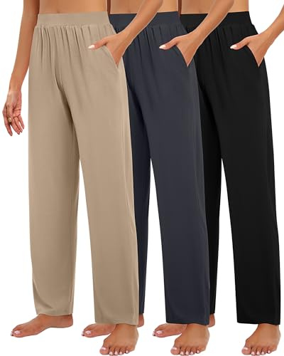 Huukeay 3 Pack Women's Lounge Pants, Cozy Wide Leg Lounge Slacks with Pockets Loose Flowy Yoga Sweatpant Workout Comfy Jogger(Black, Charcoal Gray, Khaki,Small)