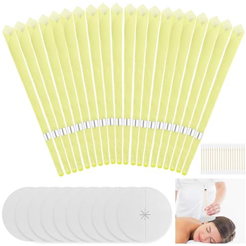 Omsscun 20Pcs Ear Candles for Wax Removal, Natural Beeswax Hopi Ear Candles with 10 Protective Disks and 20 Cotton Swab, Ear Candles for Blocked Ears, Relieve Stress, Improve Ear Condition