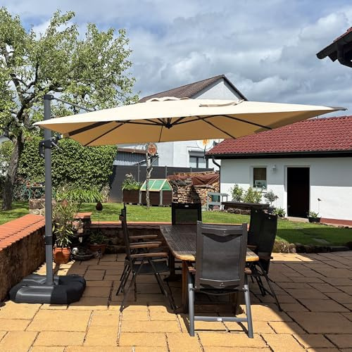 PURPLE LEAF Parasol Déporté 2,7 x 3,5 m avec Pied, Parasol de Jardin Extérieur Rectangulaire avec 8 Baleines en Aluminium, Toile 240 g/m² Anti UV pour Balcon Patio Terrasse, Beige