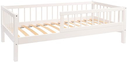 Alije Kinderbett Bett mit Rausfallschutz 100x200 Weiß NINA Lattenrost Bettgestell aus Kiefer Holz für Haus Kinder Jungen & Mädchen - Holzbett Baby Kinderzimmer Junge Deko