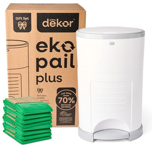 DEKOR Diaper EKO Plus-Windeleimer-Geschenk-Set, weiß, nur umweltfreundlicher Windeleimer aus 70% recycelten Materialien, wird mit Diaper Nachfüllpackungen von bis zu einem Jahr geliefert