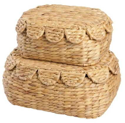 LUSYDECO Set of 2 Wicker Storage Baskets with Lid, Rattan Basket Decorative Boxes, Woven Storage Box Hyacinth Basket with Lids, Small Scalloped Edge Wicker Baskets with Lids