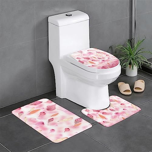 Badematten-Set mit rosa Blütenblättern, rutschfest, 3-teilig, 60 x 40 cm, Badematte + U-förmiger WC-Vorleger + O-förmiger Toilettensitzbezug