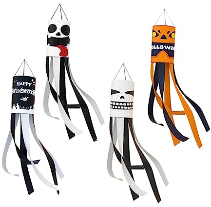 Milisten 4pcs Halloween Hanging Windsock Flags Ghost Decor for Outdoor Party Decorations Lightweight and Eye-catching Halloween Windsock Ribbons for Doorway Window Garden