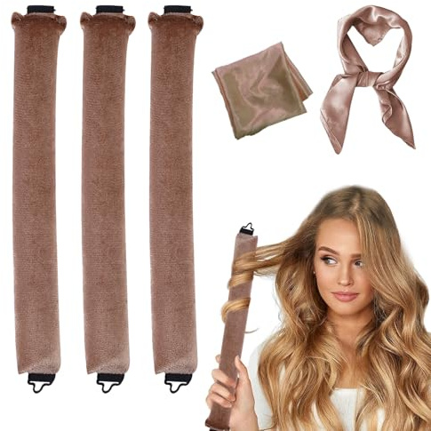MPXEAVG 3 Stück Lockenband, Haarnudel, Blowout Hair Overnight, Heatless Curls, Lockenwickler über Nacht, Haarnudeln über Nacht für Langes Mittleres Haar(Khaki)