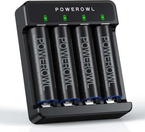 POWEROWL Rechargeable Battery AA with Charger, 2800mAh High Capacity Low Self-Discharge Ni-MH Double A Battery, 4 Count