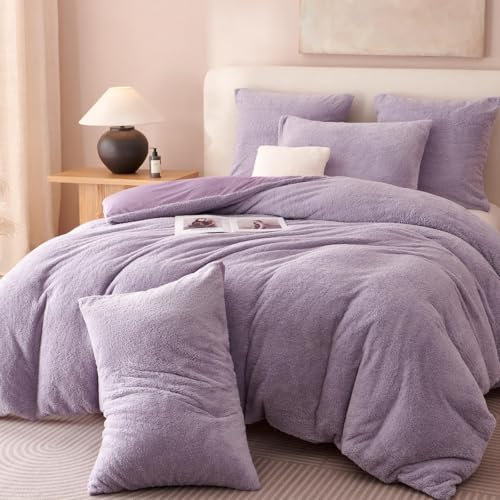 Lanqinglv Juego de ropa de cama de felpa de 220 x 240 cm, forro polar teddy lila esponjoso, tacto cachemira, ÖKO-TEX ropa de cama cálida de invierno, funda nórdica térmica reversible y 2 fundas de