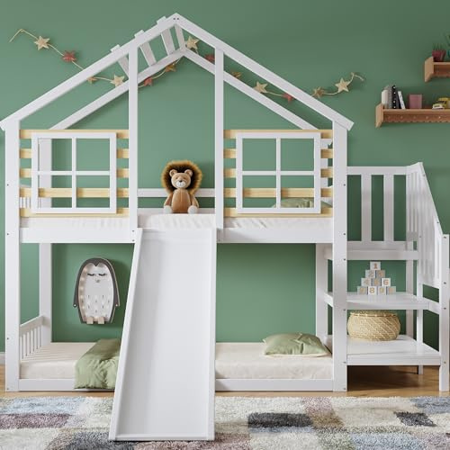 Ctastay Kinderbett Etagenbett 90x200 cm, Bett Hausbett Holzbett mit Rutsche & Treppe, Familienbett Spielbett mit Rausfallschutz & 1x Lattenrost, Weiß (Ohne Matratze)