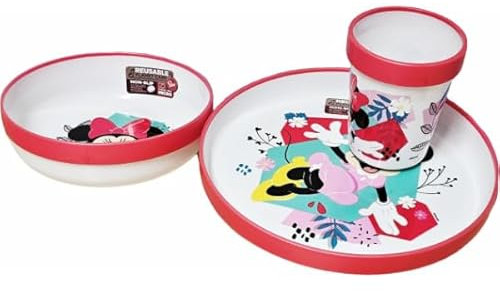 Set di stoviglie riutilizzabile per bambini bicolore – Set composto da 3 pezzi: Piatto, ciotola e bicchiere per bambini e bebé con base antiscivolo – Senza BPA (per MINNIE MOUSE)