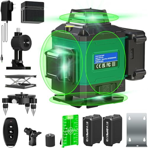 4 x 360° Green Laser Level Self-Leveling System - Horizontal & Vertical Cross Lines for Indoor/Outdoor With Battery, Remote Controller, Charger (Blue)