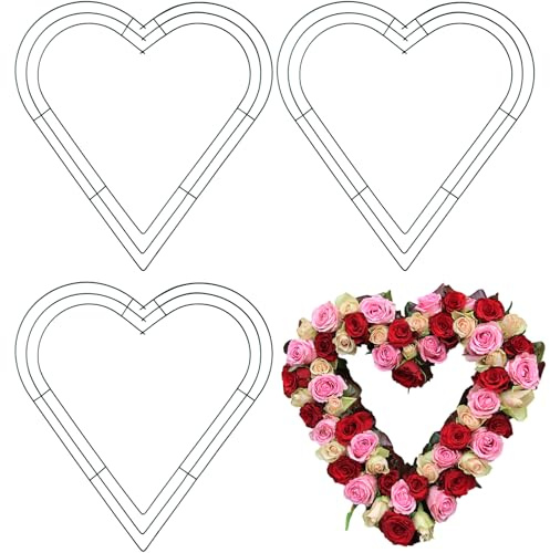 Bememo 3 Pack Valentine's Day Wire Wreath Metal Heart Shaped Frame Green Flower Wire Rings for Valentine's Day Holidays Wedding Floral Arrangements Garden Home Party Decorations (14 Inches)