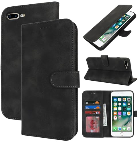 Zouzt Hülle für iPhone 8 Plus/7 Plus, Premium PU Leder, Vintage Schwarz | Handyhülle mit Kartenfächern, Magnet Klapp Schutzhülle, Stoßfeste TPU-Innenhülle, Frauen Männer, Leather Wallet Phone Case