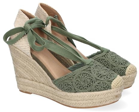 shoes&blues.es 91875 Sandalia de Cuna de Yute para Mujer, Diseno Comodo y Moderno, Elegante con Cintas Atadas al Tobillo y Pala Bordada, Ideales para Primavera-Verano. Verde Talla 36