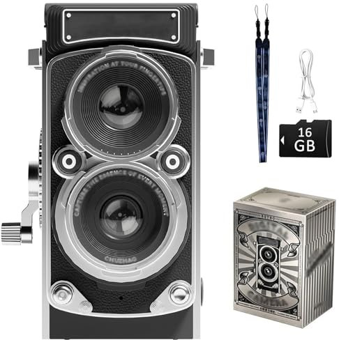 Minicámara retro, minicámara digital vintage de 1080P con tarjeta de memoria de 16 GB y correa para el hombro, autoenfoque de 12 MP, control manual, 2 filtros, minicámara réflex de doble lente