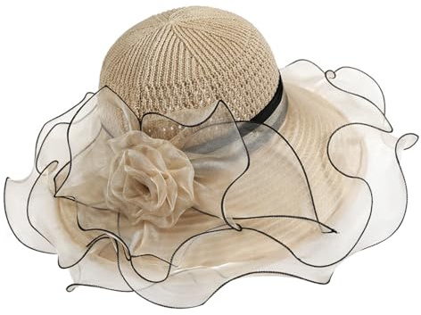 Elegante Damen Sonnenhut breiter Krempe, UV-Schutz Sommerhut Strandhut Organza Blume Strohhüte, Derby Tea Party Hut Braut Hochzeit Fascinator, UV Schutz Kappe ideal für Strand, Park und Outdoor