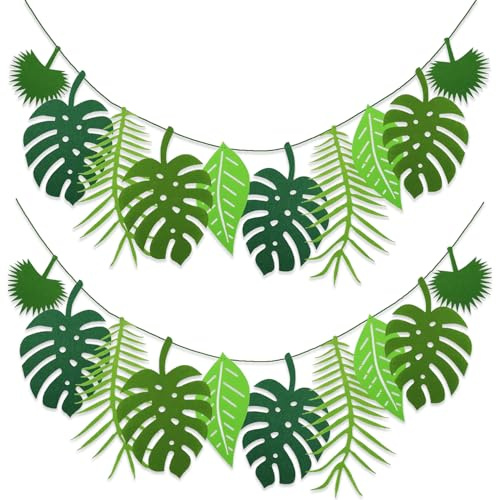 2 Stück Palmblätter Girlande Grün, Tropische Blätter Banner, Felt Leaf Bunting, Dschungel Palmen Deko, Tropische Palmenblätter Banner Grün für Geburtstagsfeier, Hawaii-Party, Dschungel Mottoparty
