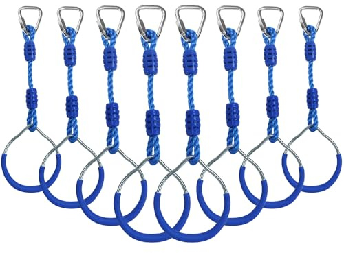 Ninja Ring Backyard Gymnastic Fitness Fist Jungle Gym Play Set Kids Playground Training Equipment, 8 Blue Fun Swing Monkey Bar Hang Climbing Ring Warrior Obstacle Course Trapeze Slackline Attachments