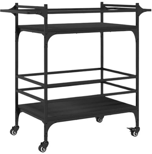 SynapSYA Barwagen Eleganter schwarzer Küchenwagen, Aufbewahrungswagen, 82 x 40 x 78,5 cm, Holzwerkstoff, multifunktionale rollende Kücheninsel