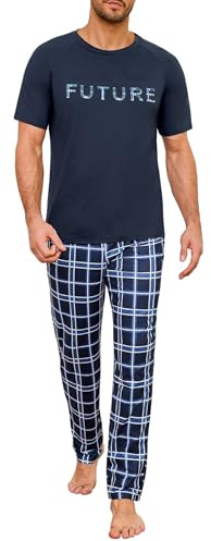 Marvmys Pijama Hombre Algodon Conjunto de Pijama Hombre Camiseta de Manga Corta con Cuello Redondo y Pantalones Largos de Cuadro con Bolsillos y Cordón