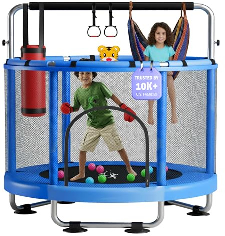 Toddler Trampoline for Kids Ages 3-8 - 5 ft Toddler Trampoline with Net, Basketball Hoop, Ocean Balls, Boxing Bag, Hammock, Boxing Gloves - Indoor and Outdoor for Kids, Backyard (Blue, Black)