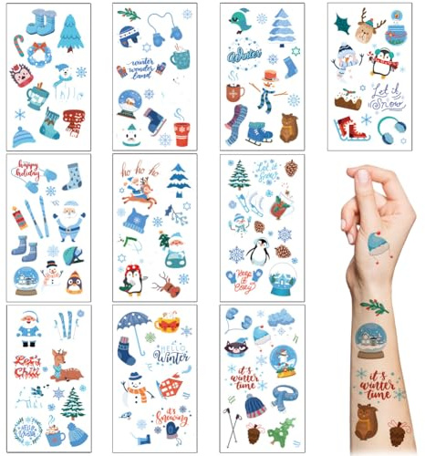 10 fogli blu inverno tatuaggi temporanei adesivi di Natale carino pupazzo di neve fiocco di neve pinguino tatuaggio adesivi per bambini festa di compleanno favore Natale sacchetto regalo penna