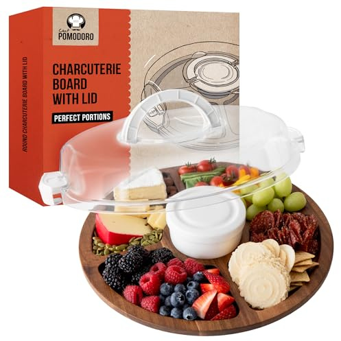 Chef Pomodoro Tabla de Quesos con Tapa (34 CM), Queseras para Guardar el Queso, Tabla para Quesos y Aperitivos, Tabla de Queso y Embutidos Madera, tabla de charcutería portátil, Redonda