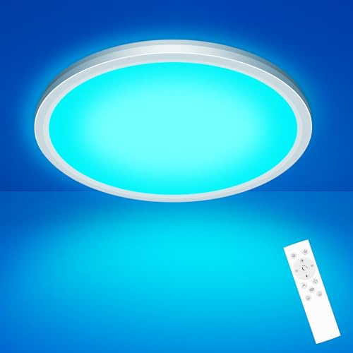 zemty LED Deckenleuchte Dimmbar 30CM 24W 2400LM, RGB Farbwechsel Deckenlampe 3000K-6500K mit Fernbedienung, Wasserfest Flach Badezimmer Lampe Decke für Kinderzimmer Schlafzimmer Wohnzimmer