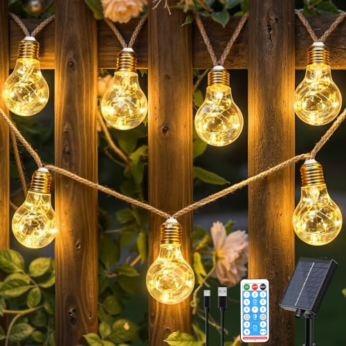 Ollny Solar Lights Outdoor Garden, 12m 24 Bulbs, 240 LEDs, Hemp Rope,Remote | Solar and USB Charging, 8 Lighting Modes and Shatterproof Bulbs for Gazebos, Patios, Parties and Garden Decorations