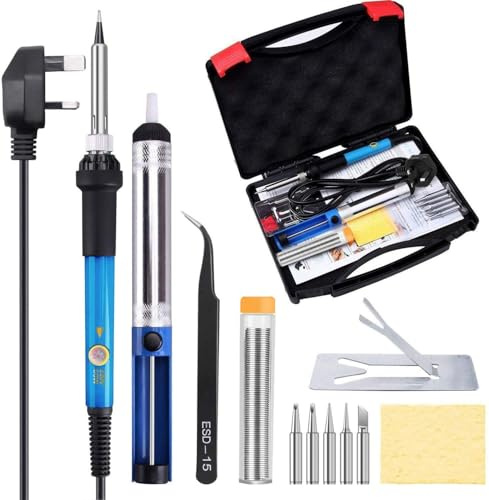 Soldering Iron Kit - 60W Temperature Adjustable Electric Solder Iron Gun Welding Set with Toolbox (12 Pieces kit)