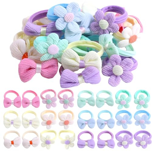 MOTIBACK Haargummi Set für Mädchen, 24 Stück Niedliche Haarbänder mit Schleifen & Blumen, Unbeschädigte Elastizität, Weiche Scrunchies für Baby & Kleinkind (12 Farben, 2 Designs)