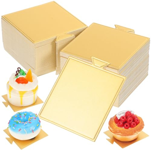 Healeved 100 Mini Basi Quadrate per Torte in Cartone Dorato, Sottotorta per Esposizione e Festa, Resistenti e Facili da Usare per Matrimoni, Compleanni e Pasticceria Professionale