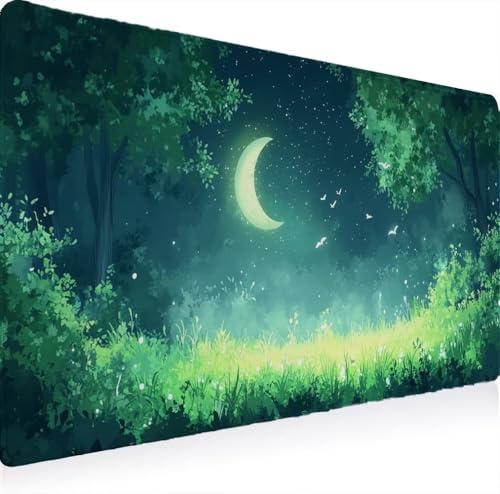 Tapis de Souris, Tapis Souris XXL 900 x 400 Gamer Mousepad, Rubber Base en Imperméable, Grand Bureau Gaming Mouse Pad Bords Cousus Imperméable Antidérapant pour Bureau Domicile Lune Forêt W0G1-1037