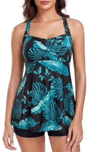 FLYILY Donne 2 Pezzi Tankini Sets Twist Front Tankini Top con Boyshorts Tummy Control Costume da Bagno Floreale(BlackLeaf,3XL)