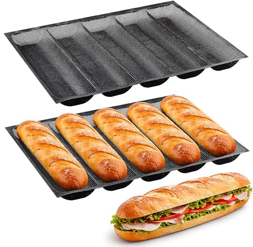 JTKDG 2 Pack Silicone Bread Roll Mould for Oven Baking, 34 x 45 cm | NonStick, Flexi Aerated Baguette Pan Forms, Perforated Loaf Tin, BPA Free, Food Grade, for Fench Bread Hot Dog Buns